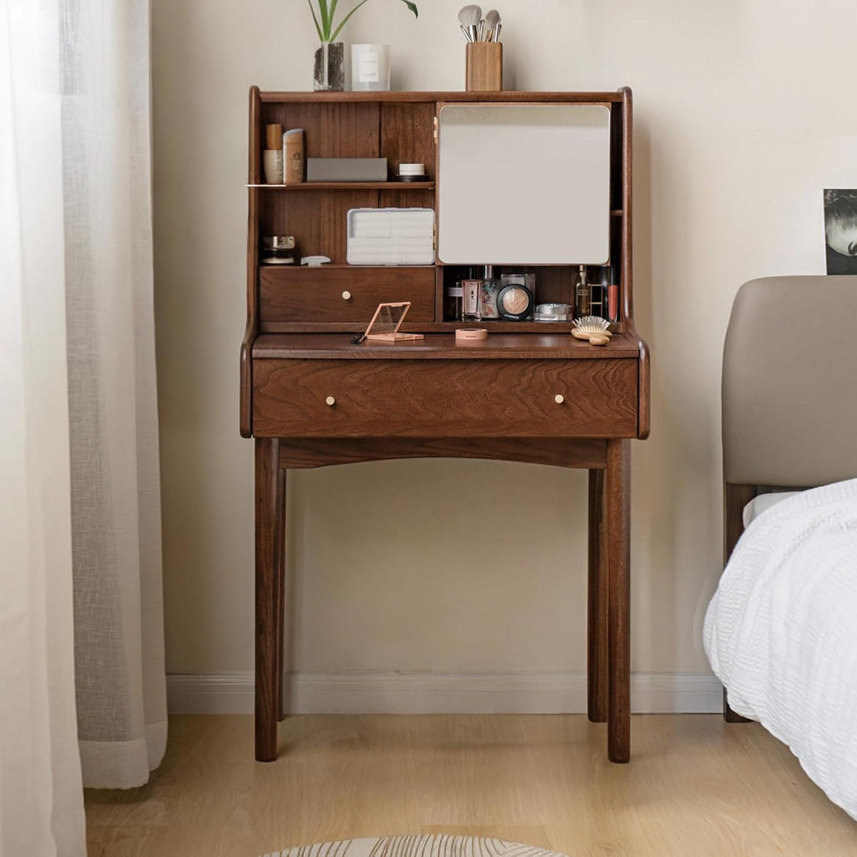 Small Vanity Desk with Mirror, Solid Wood Dressing Table, Movable Drawer Divi...