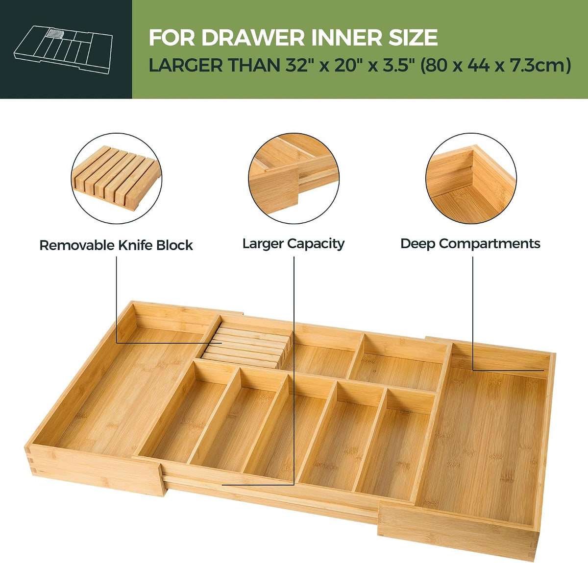 VaeFae Extra Large Kitchen Utensil Holder, Bamboo Silverware Drawer Organizer...