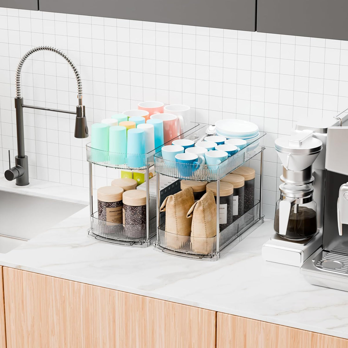 4 Pack Large Pull Out Bathroom Organizers and Storage,2 Tier 12.8″ Tall Slidi...