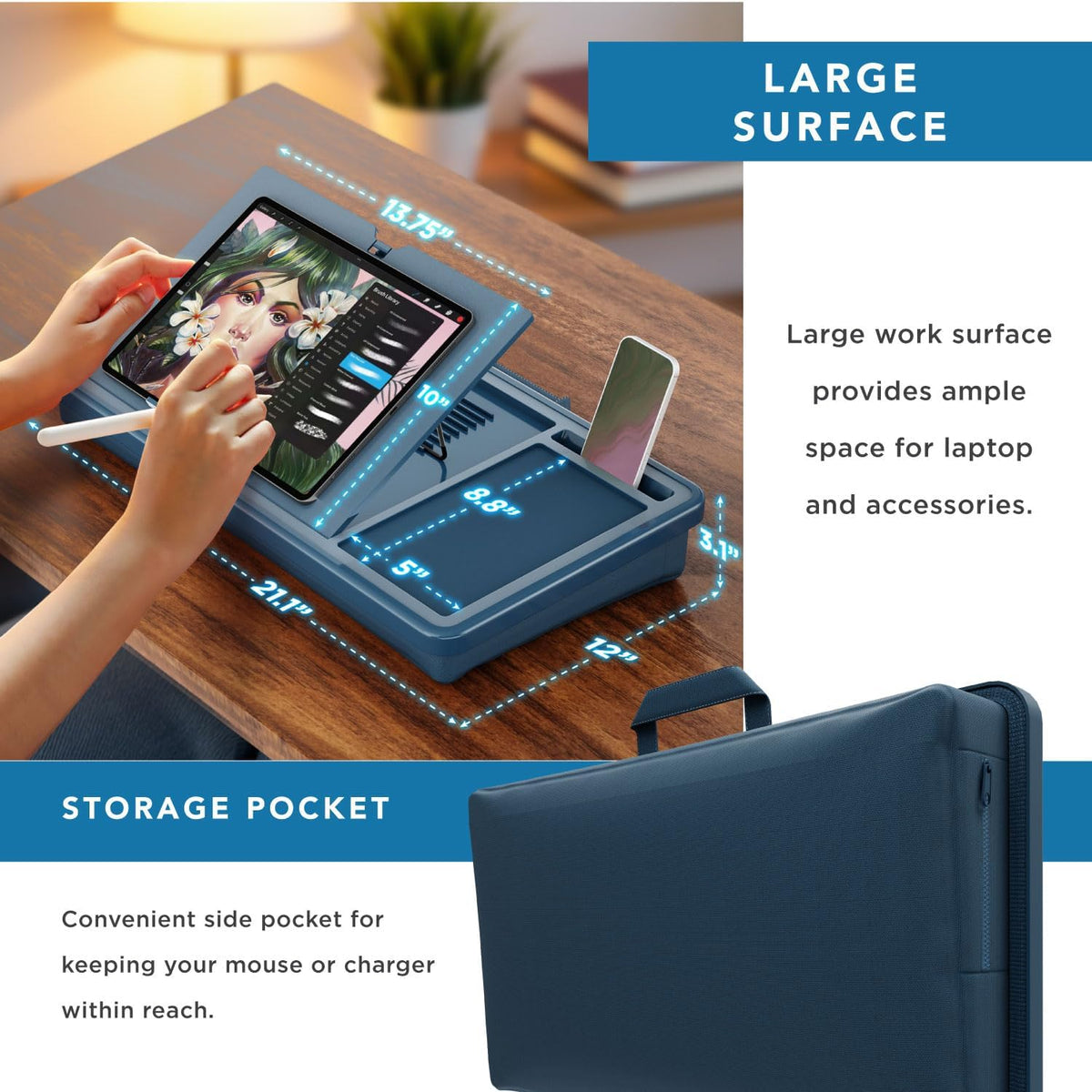 LAPGEAR Ergonomic Pro Lap Desk – Denim Blue, Fits 15.6" Laptops