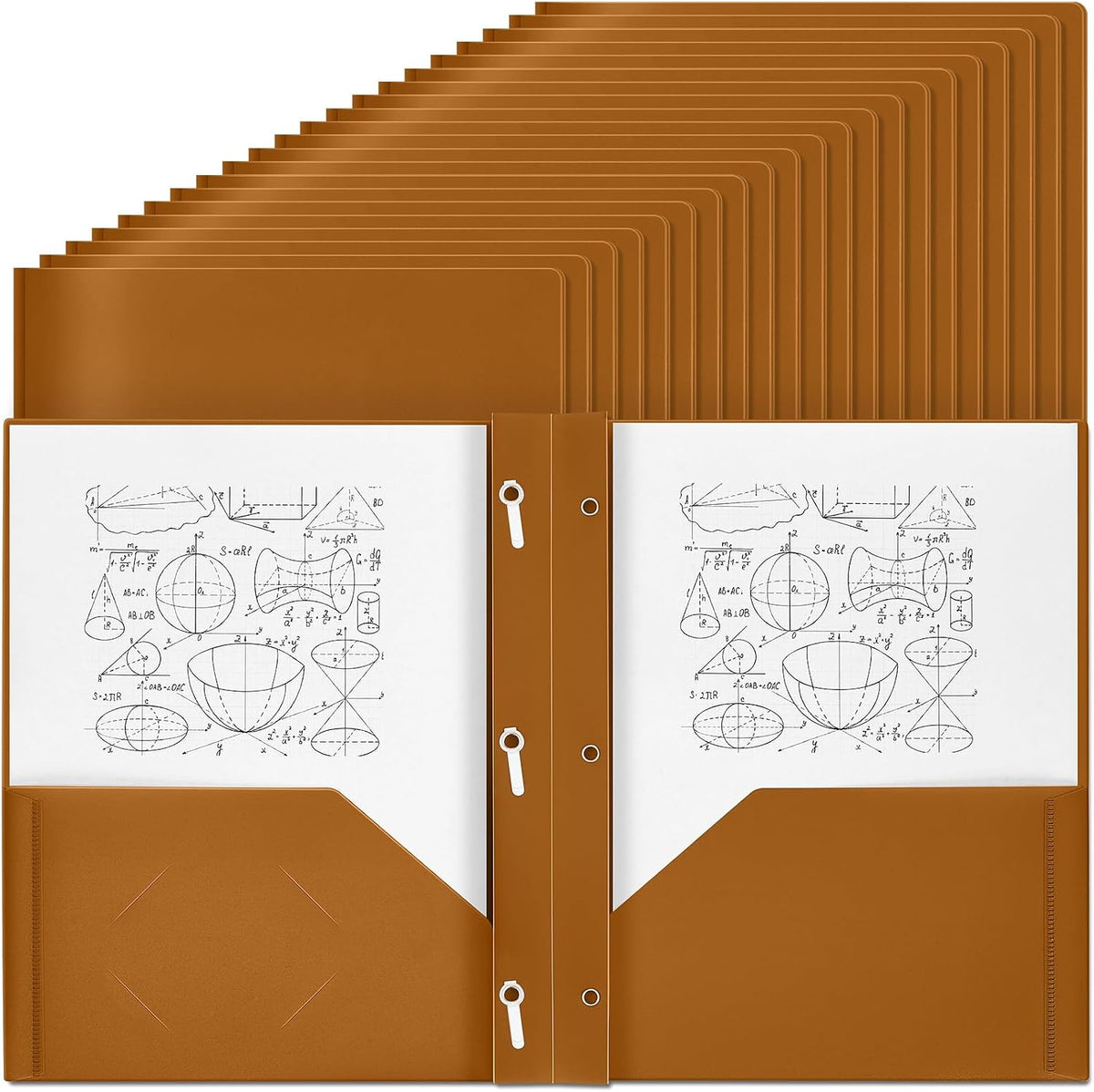 Lincia 100 Pcs Plastic Folders with 3 Prong Fasteners, Brown
