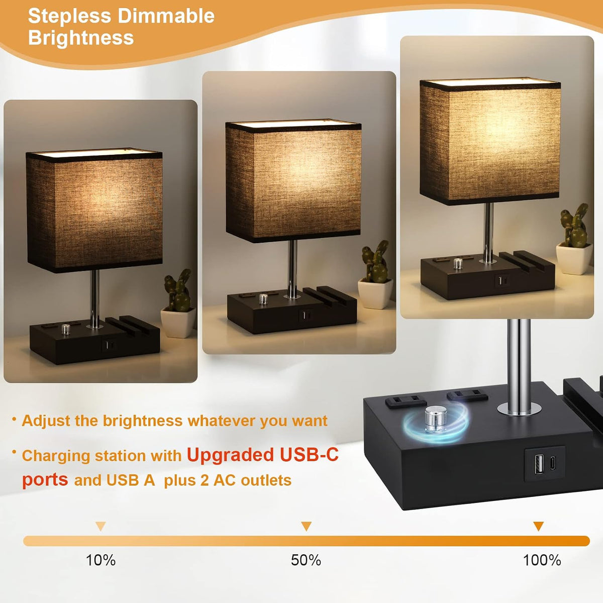 Black Table Lamp for Bedroom - Stepless Dimmable, USB C+A, 2 AC Outlets