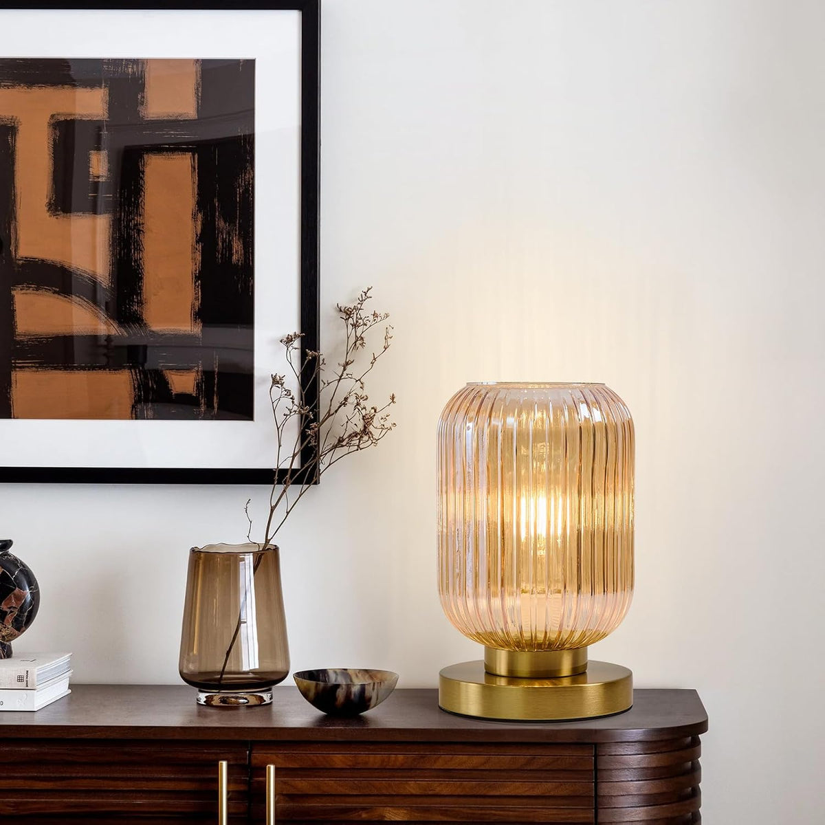 Mid Century Modern Table Lamp, 6" Amber Glass Desk Lamp Plug in