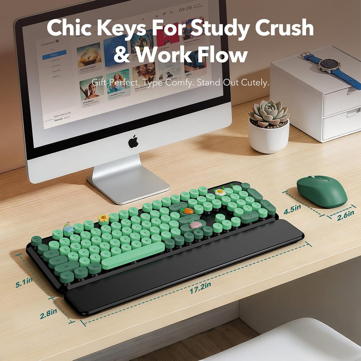 Wireless Keyboard and Mouse, Round Keycap, Magnetic Wrist Rest, Green Black