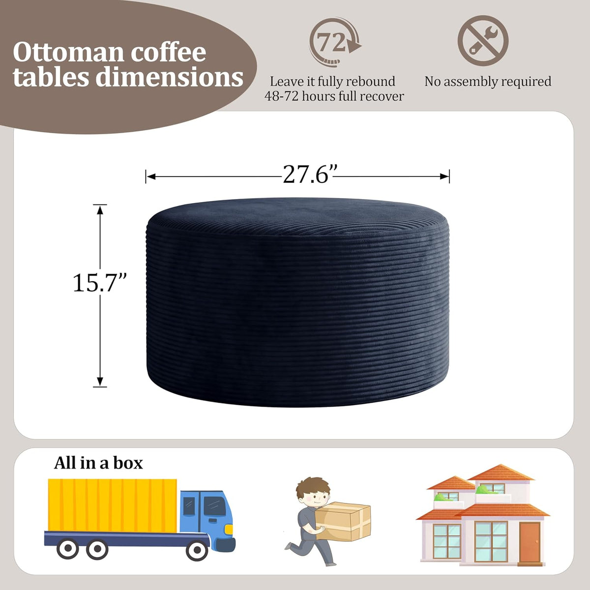 BSHOMGI Coffee Table Round Ottoman, Oversized Footrest for Couch with Removab...