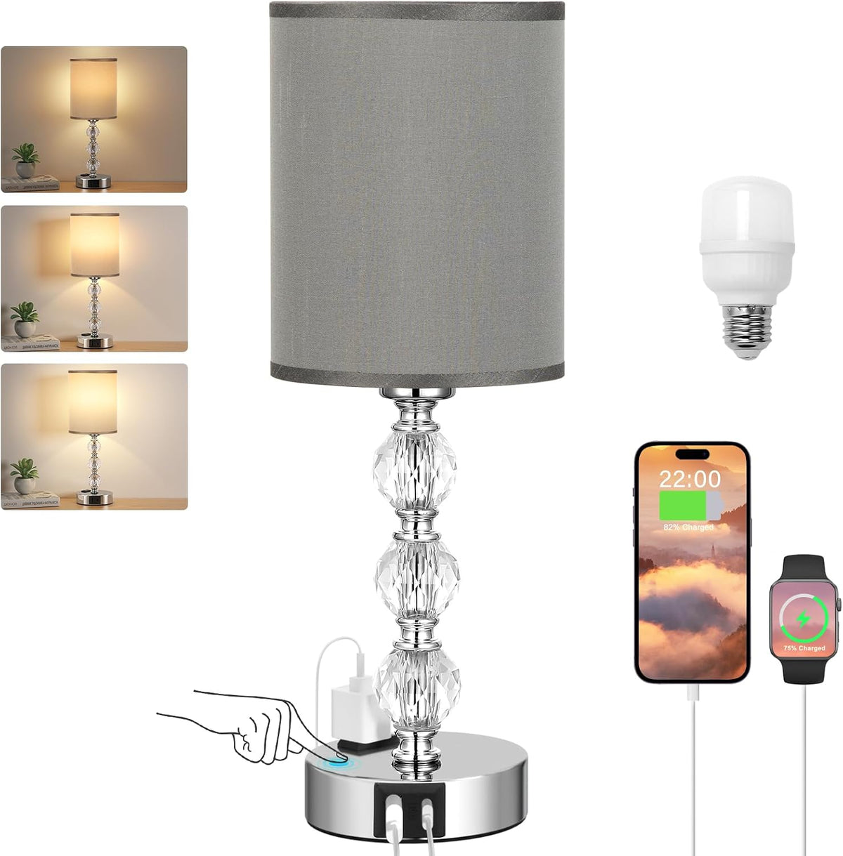 Grey Touch Bedside Lamps for Bedrooms - Crystal Table Lamp with USB C+A Charg...