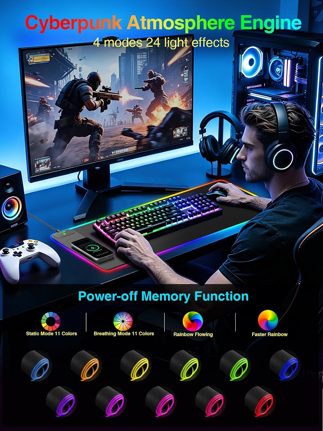 Wireless Charging Mouse Pad Gaming, 31.5"x11.8" Large Desk Mat, Wat...