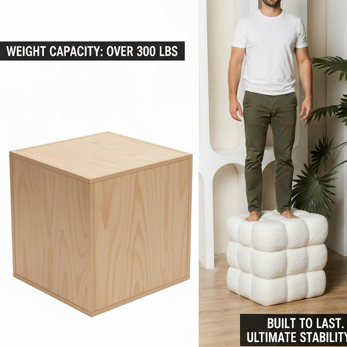White Sherpa Square Ottoman - 17.3" Large Boucle Cube Pouf with Sturdy W...