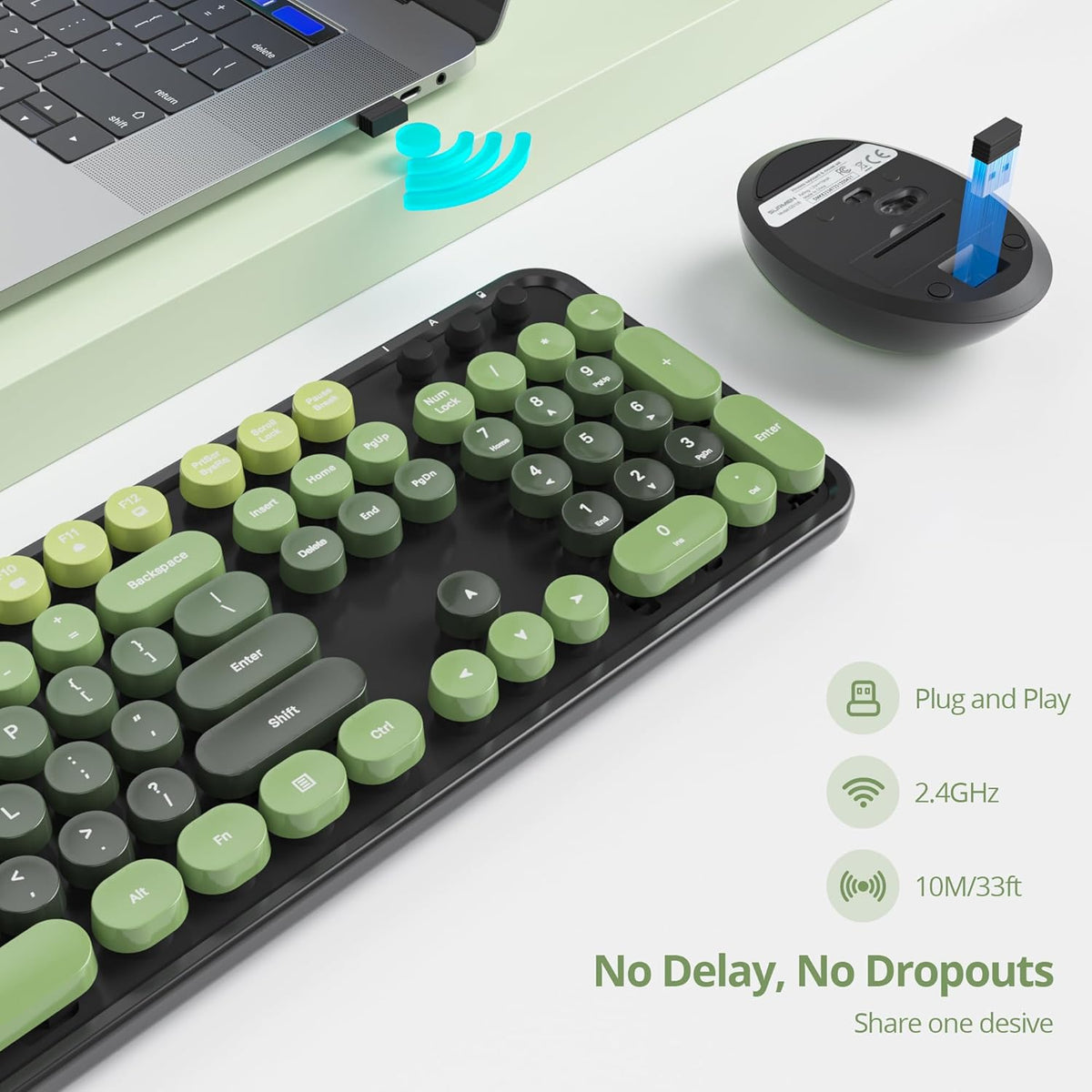 Green Wireless Keyboard and Mouse, Cute Keyboard and Mouse Combo, Full Size T...
