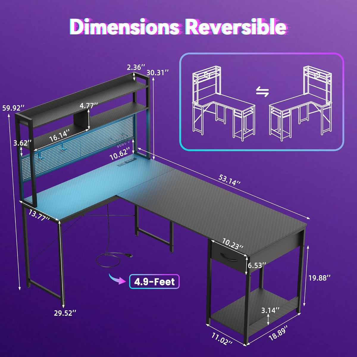 Apicizon L Shaped Gaming Desk 53" with Hutch, LED Light and Drawer