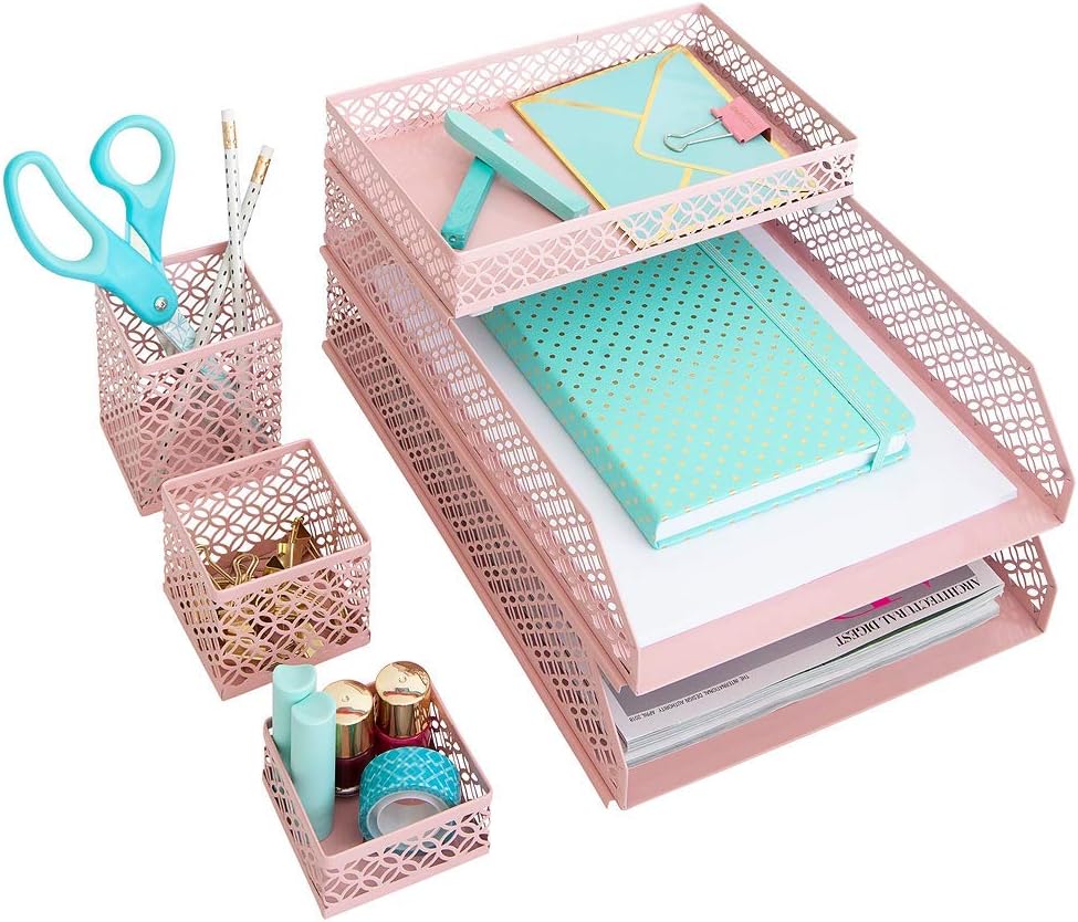 BLU MONACO | Pink Desk Organizer Set for Women 6 Piece | Mail Sorter Organize...