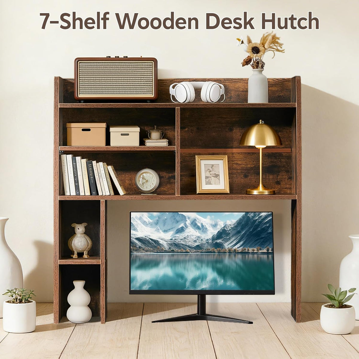 OFCASA Desktop Bookshelf, Countertop Storage Hutch with 7 Shelves for Compute...