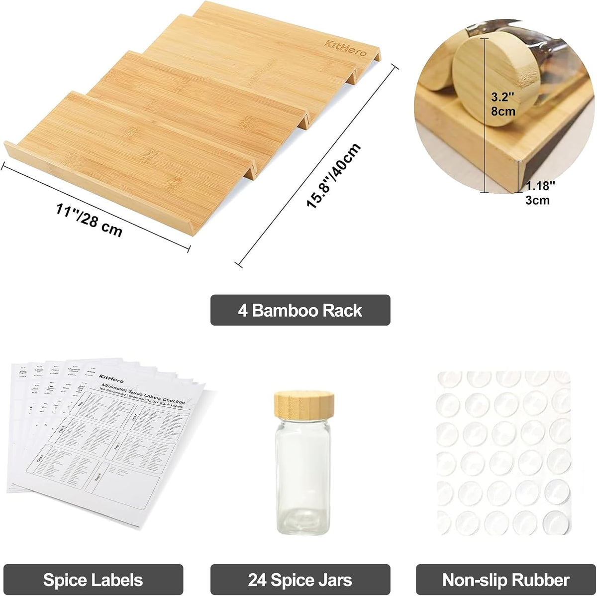 Spice Drawer Organizer with 24 Bamboo-lidded Spice Jars,216 Labels,25 Non-sli...