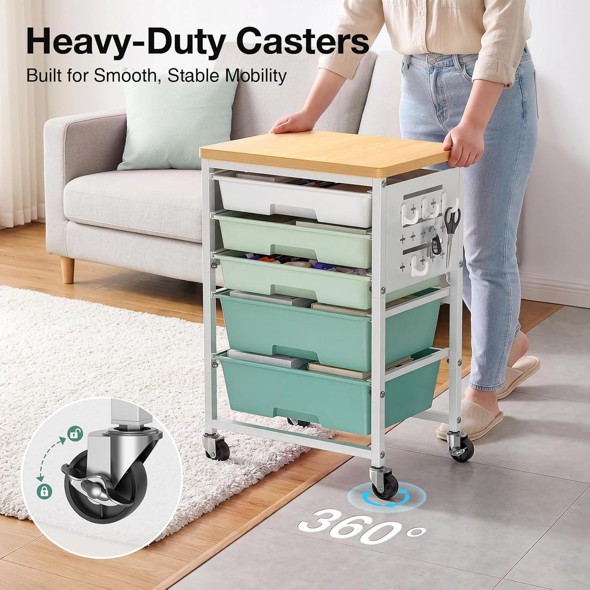 ALVOROG Rolling Storage Cart with 5 Drawers,Pegboards,Wooden Top,Bins,Green