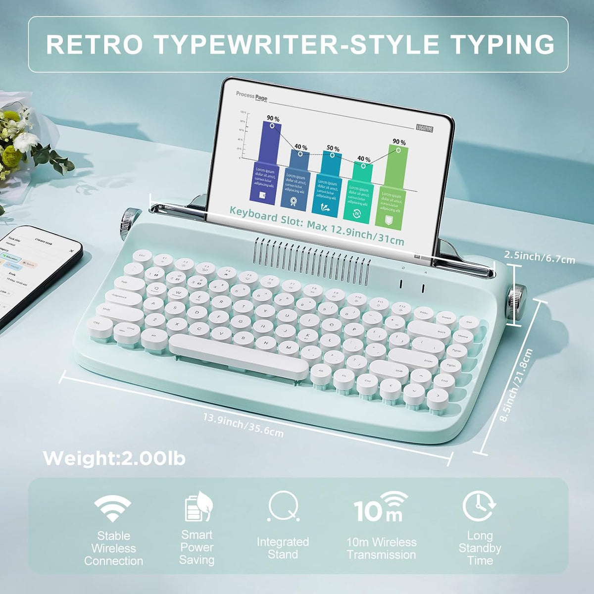 YUNZII ACTTO B303 Wireless Retro Typewriter Bluetooth Keyboard(Sweet Mint)