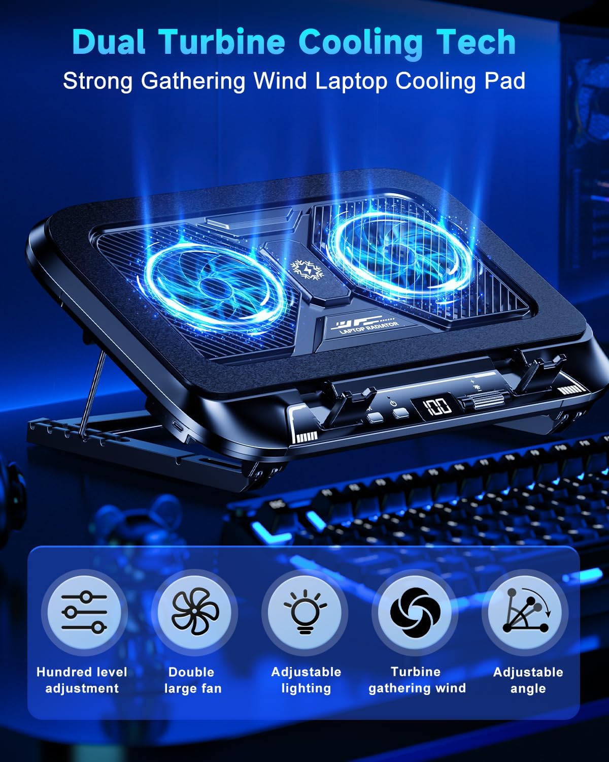 Laptop Cooling Pad with Dual Core Cooler, Gaming Laptop Cooler with 5.5in 2 P...