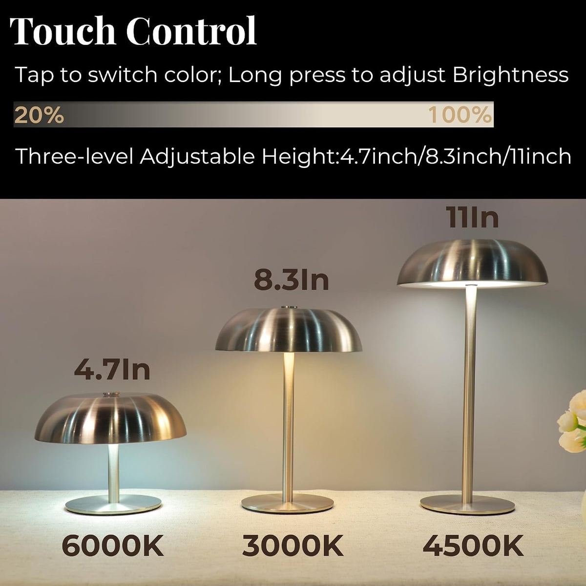 Cordless 11" Mushroom Table Lamp with Dimmable 3 Color, 5200mAh, Gold
