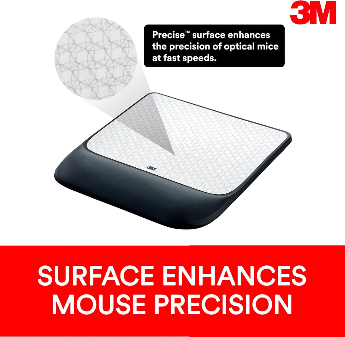 3M Precise Mouse Pad with Gel Wrist Rest, 8.4 in x 8.8 in, Black