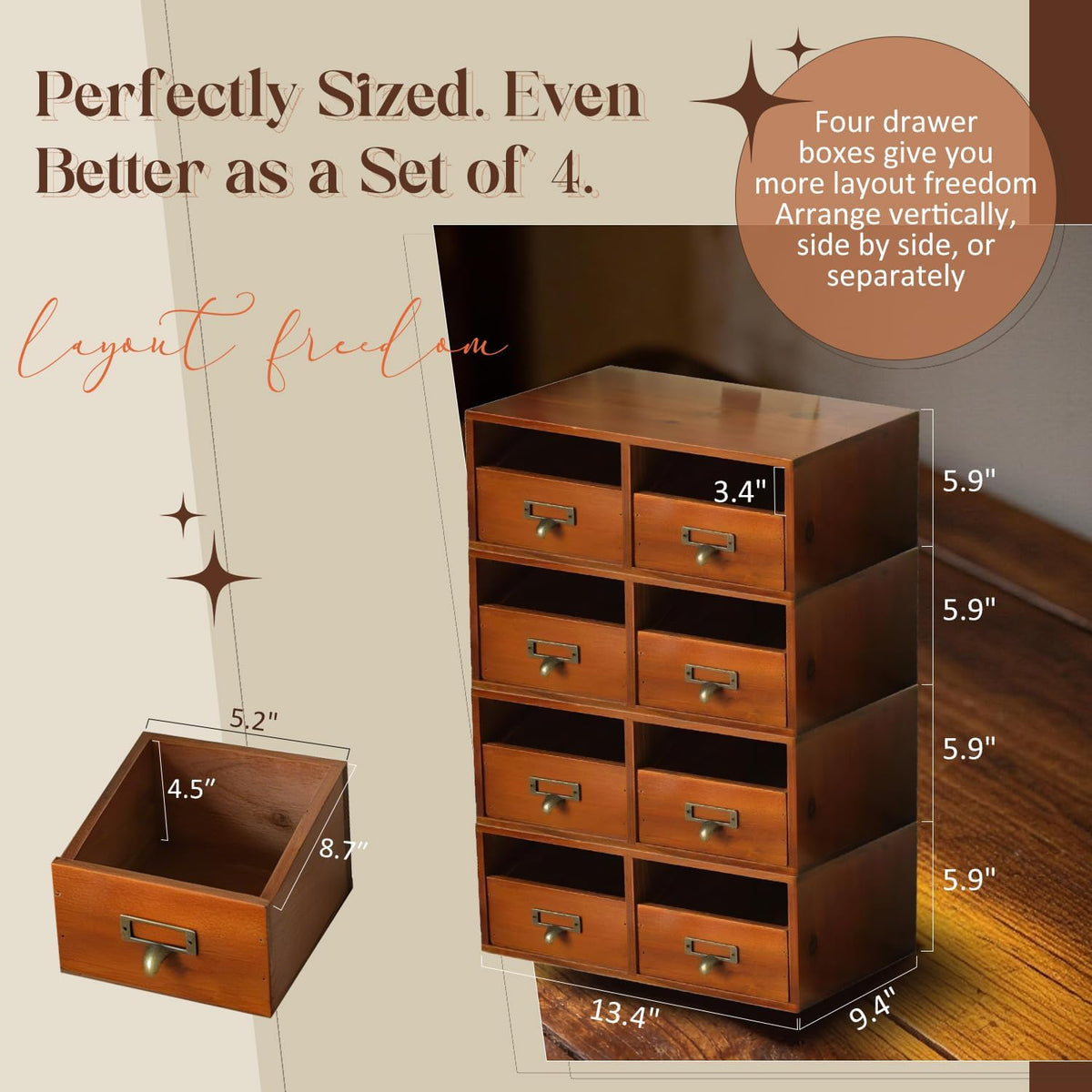 4-Pack Wide Wooden Desktop Drawer Organizer with Brass Label Holders - Horizo...