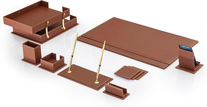 MOOGCO 12-Piece Leather Desk Set — Desk Pad 23.2" x 15.4", Double Document Tray, Pen Holder — Desk Organizer Set for Home Office & Executive Desk Accessories