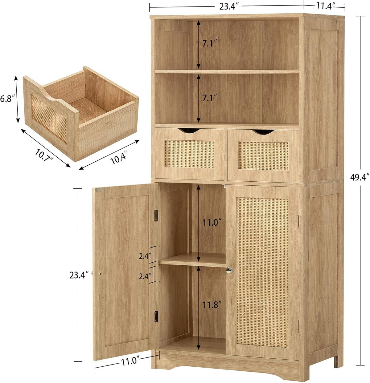 Iwell Tall Storage Cabinet, Rattan Cabinet with 2 Drawers & Adjustable Sh...