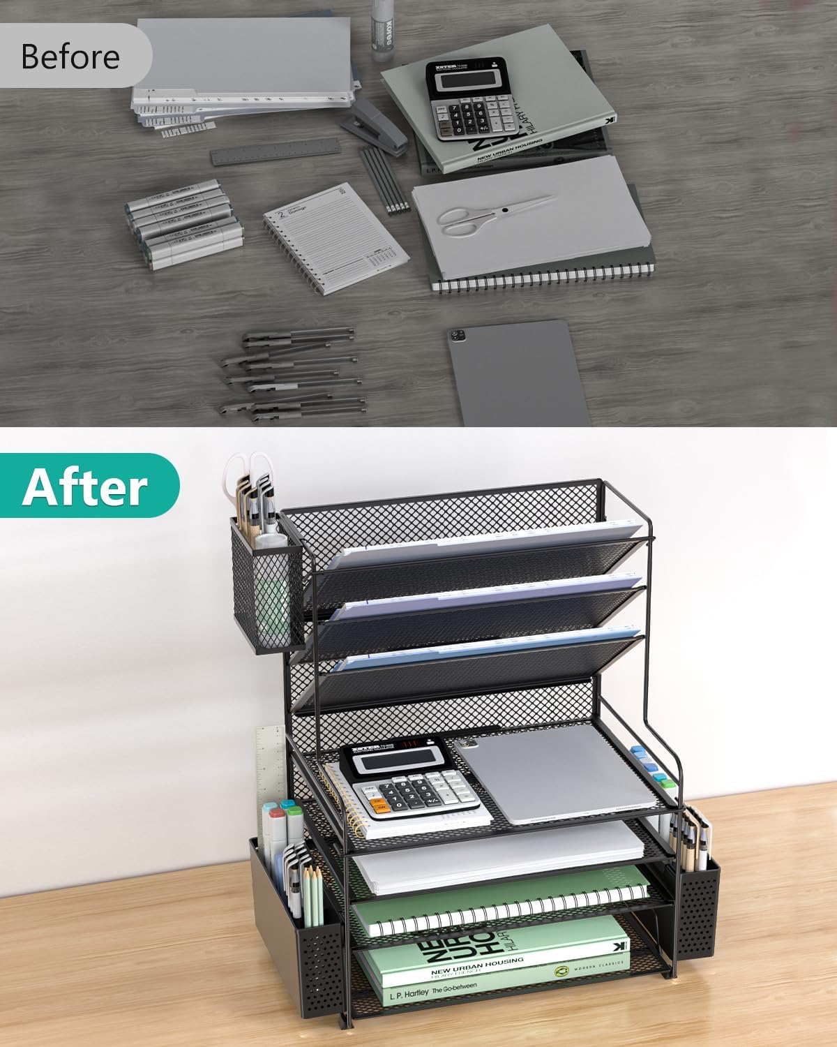 WALI Desk File Organizer, 7 Tier Desktop Paper Letter Tray Organizer with Dra...