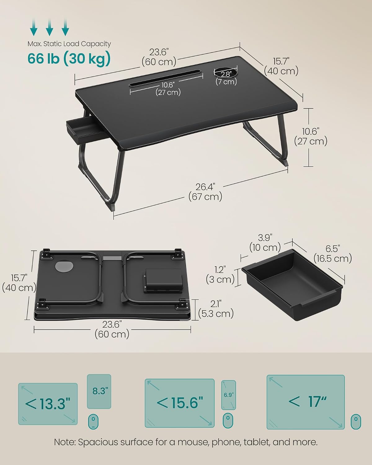SONGMICS Foldable Lap Desk, Portable Bed Desk Table Tray w/Cup Holder Tray