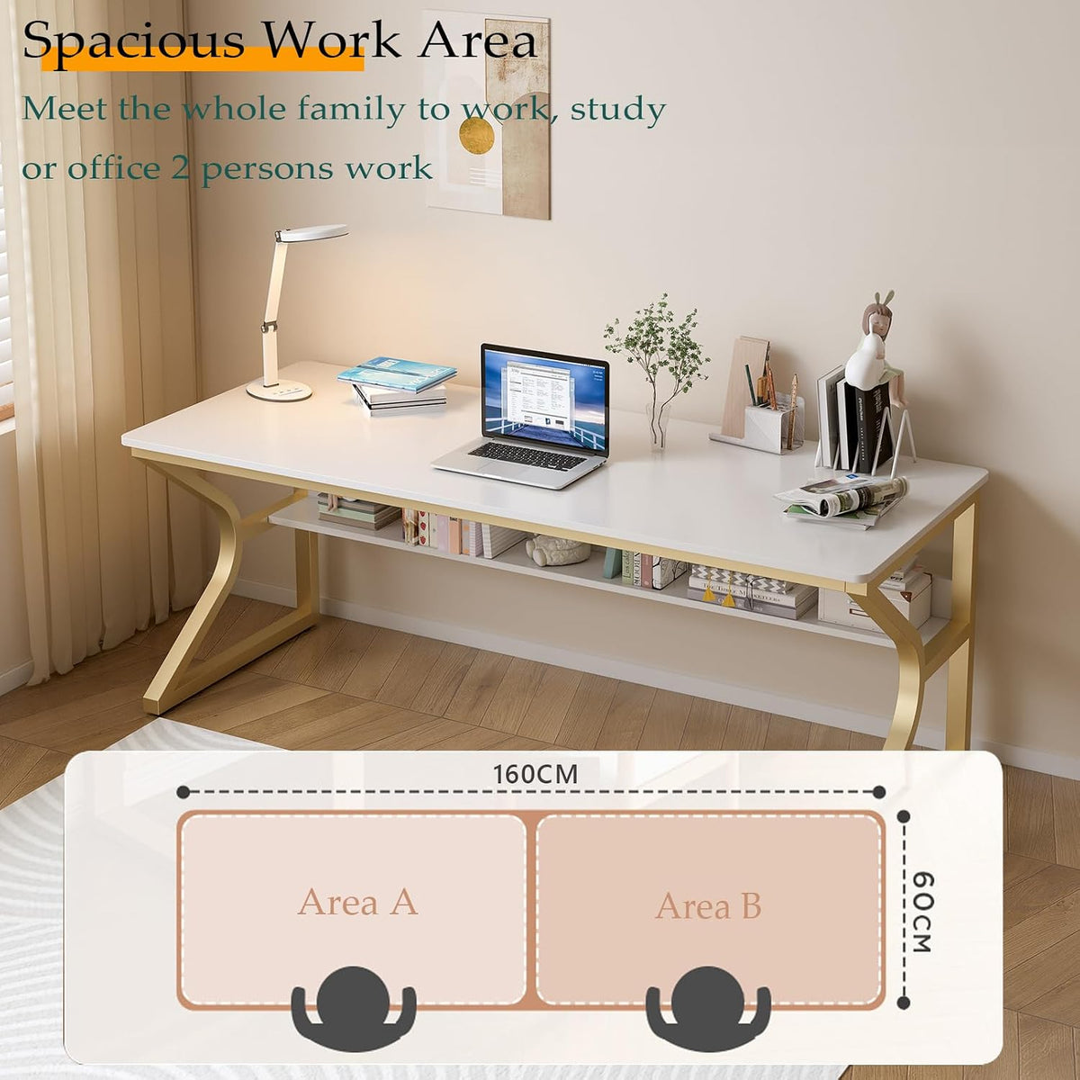OSCHF 63-Inch Extra Long Desk with Storage Shelf, Gold