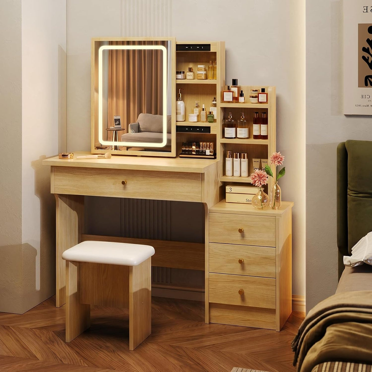 Memobarco Wood Makeup Vanity Desk with Sliding Mirror & 4 Drawers