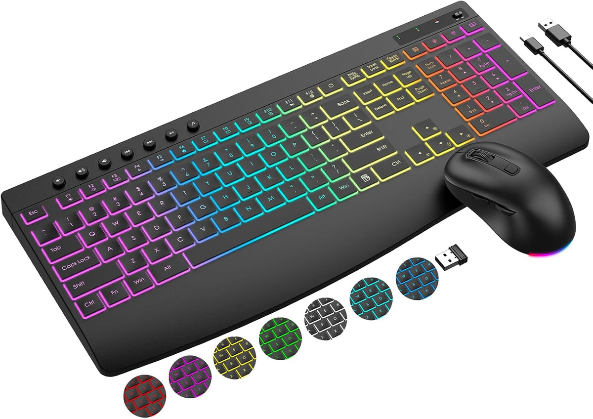 Wireless Keyboard and Mouse Combo, 9 Backlit Effects, 4000mAh Rechargeable Ba...