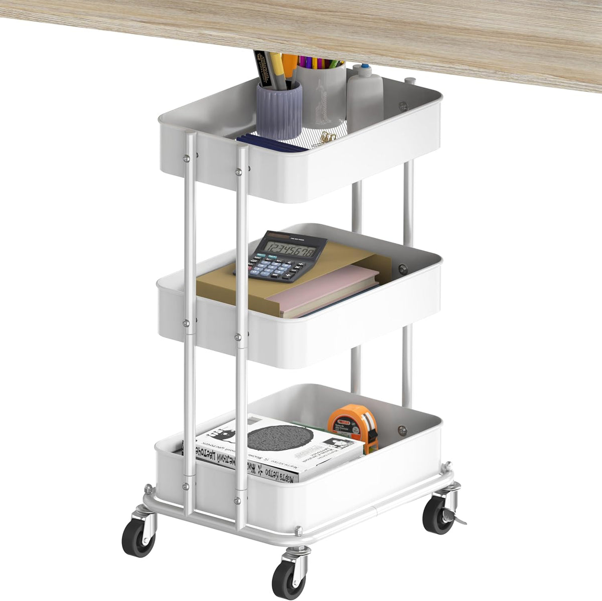 Simple Houseware 3-Tier Utility Cart, Low 24" Height Fits Under Desk, White