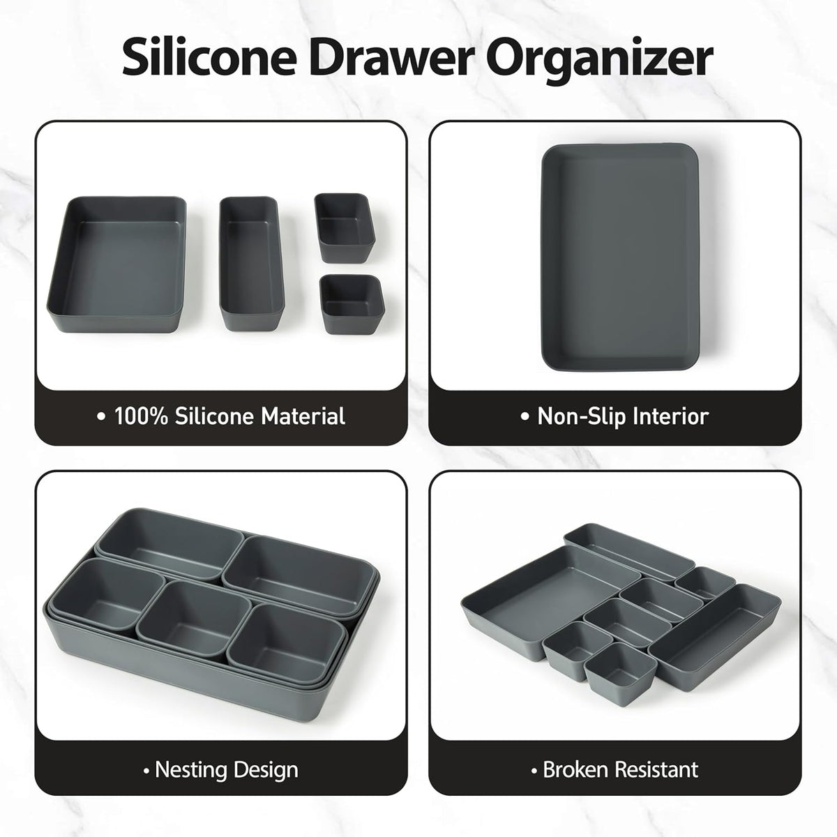 ISSEVE 8Pcs Silicone Drawer Organizer Trays for Bathroom, 4 Sizes, Black