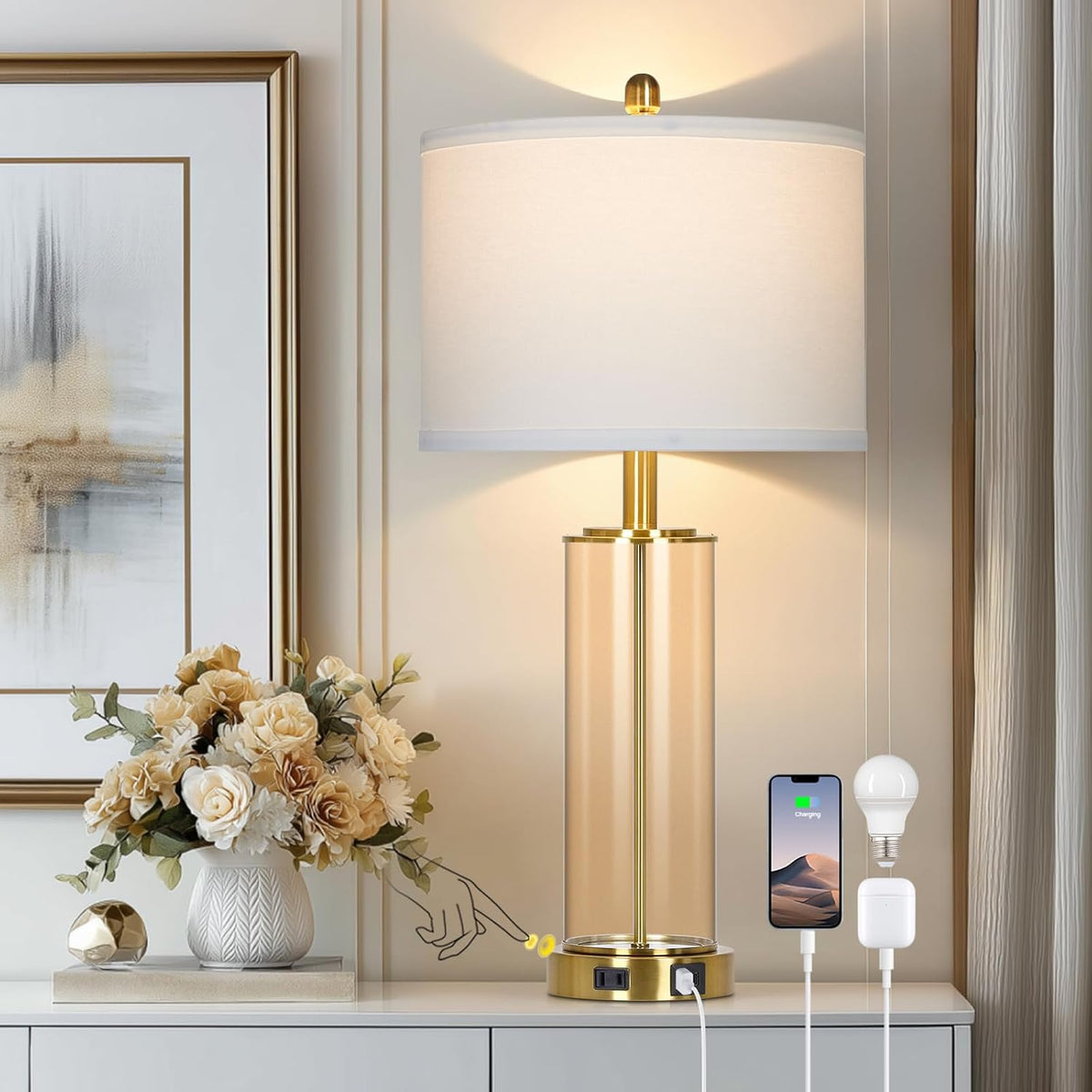 Ruzectt 26" Glass Table Lamp Single, 3-Way Dimmable Touch Control Living...