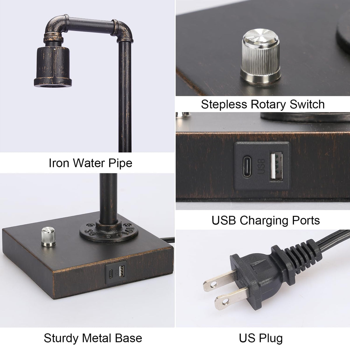 Industrial Table Lamp, Vintage Bedside Lamp with USB C and USB A Charging Por...
