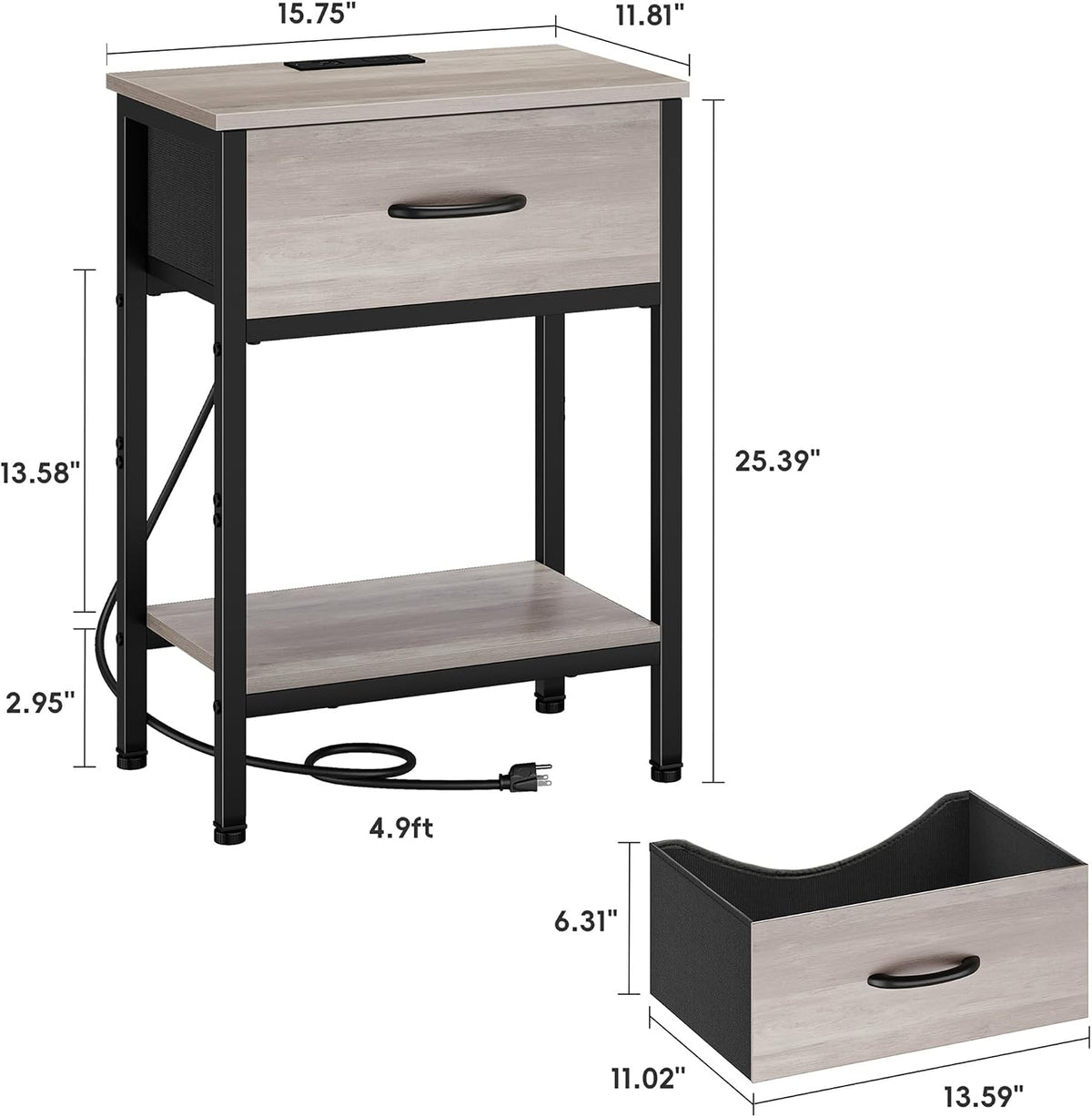 Vagusicc Nightstand with Charging Station, End Table with Fabric Drawer, Smal...