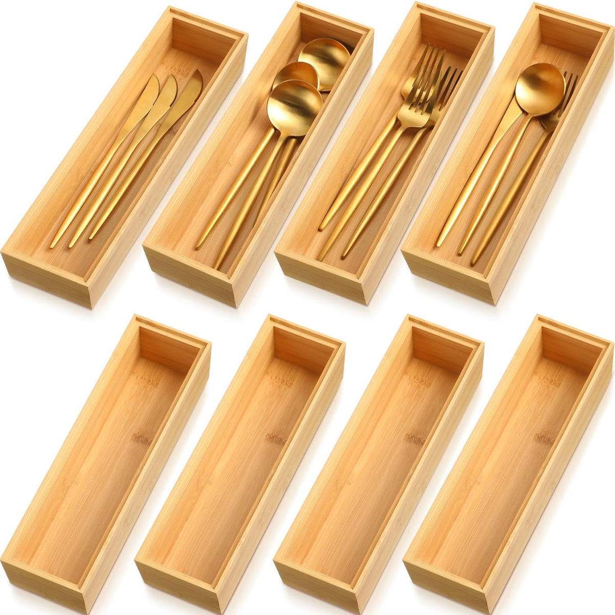 Kigley 8 Pcs Bamboo Kitchen Drawer Organizer, 12x3x2 Inch, Wood