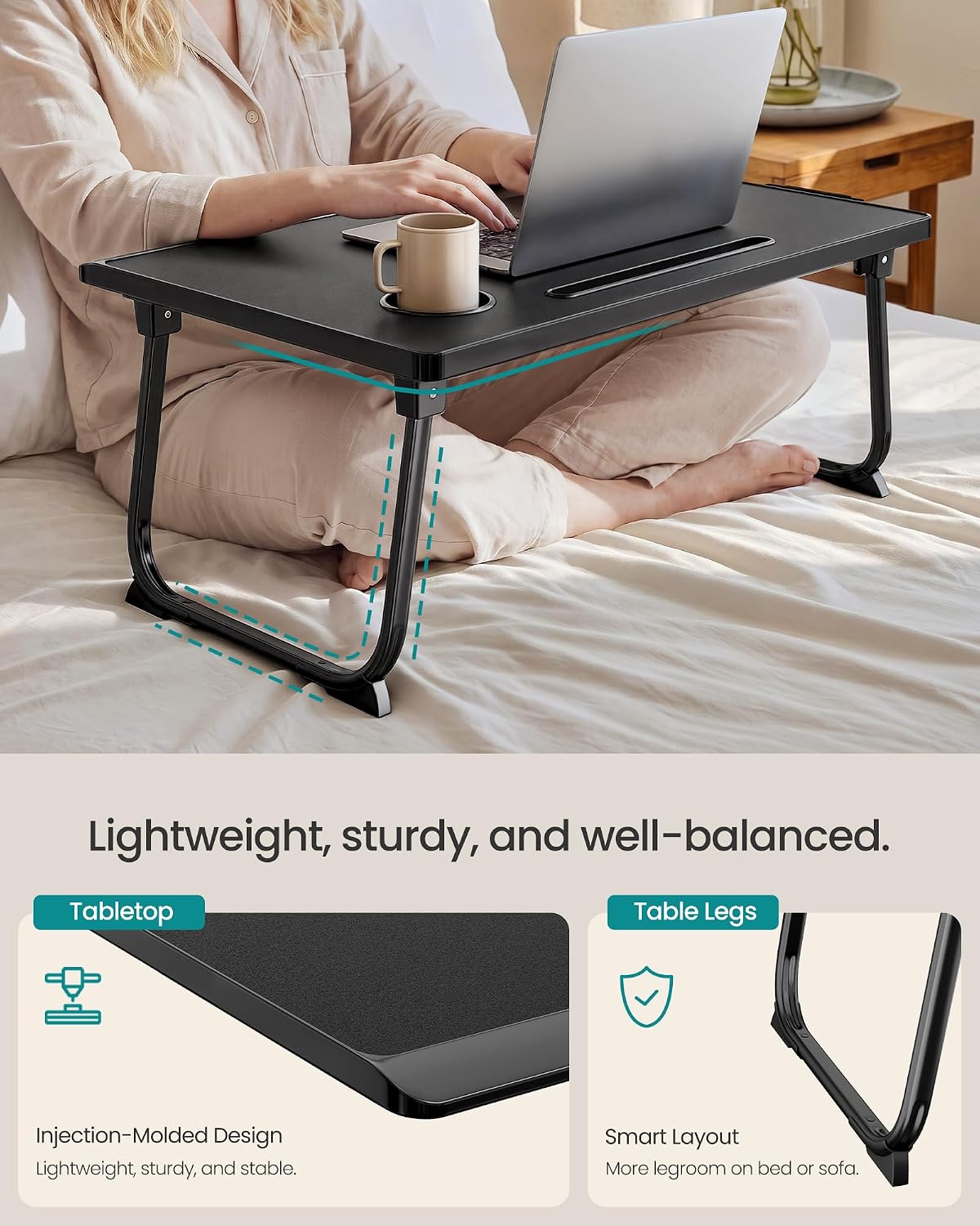 SONGMICS Foldable Lap Desk, Portable Bed Desk Table Tray w/Cup Holder Tray