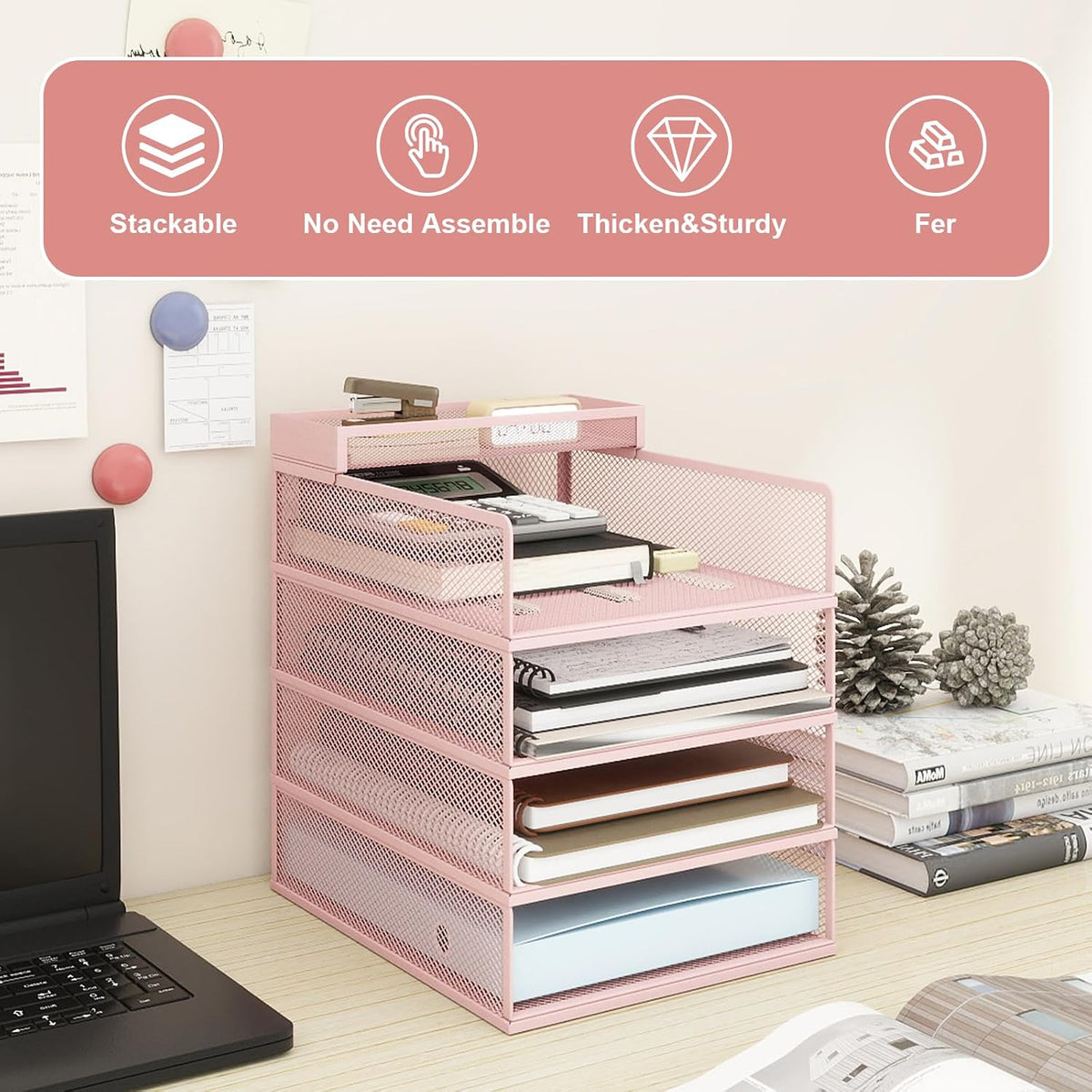 Natwind 4-Tier Stackable Metal Mesh Letter Paper Tray Organizer,Pink