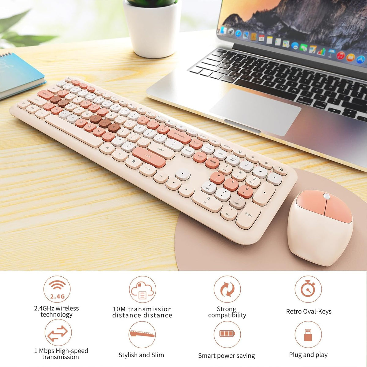 SkyGive Wireless Keyboard and Mouse Combo, Colorful Ergonomic Full Size Retro...