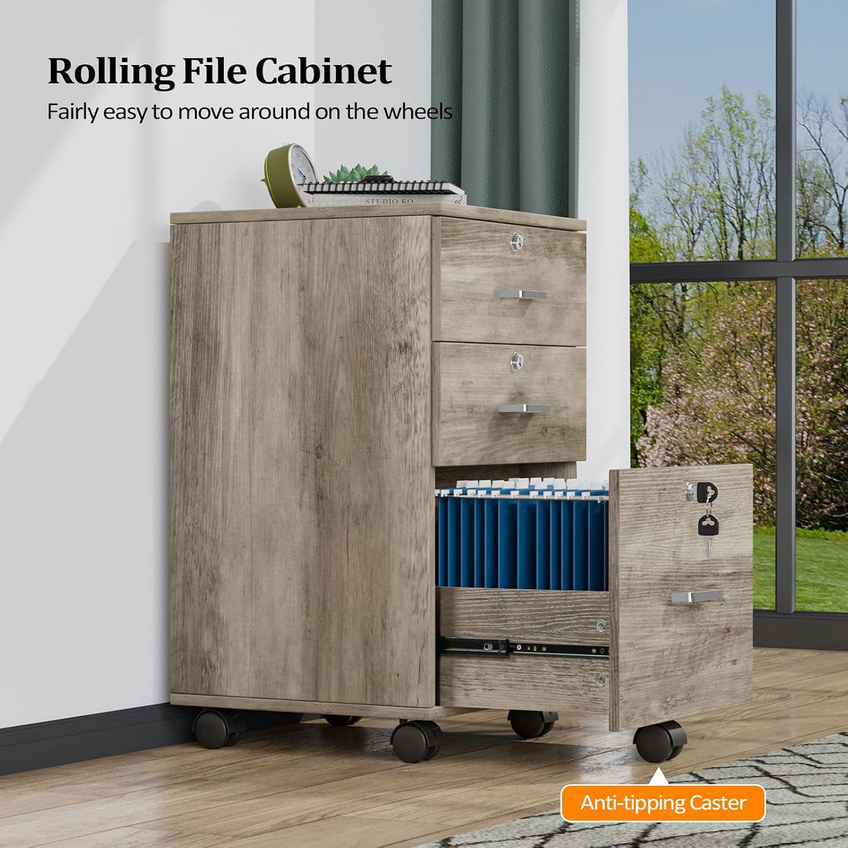 VINGLI 3-Drawer File Cabinet with Lock, Wood Rolling Under Desk File Cabinets...