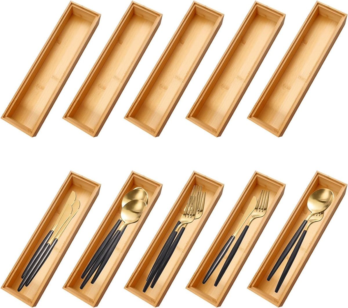 10 Pack Bamboo Drawer Organizers Stackable Wooden Cutlery Storage Boxes for K...