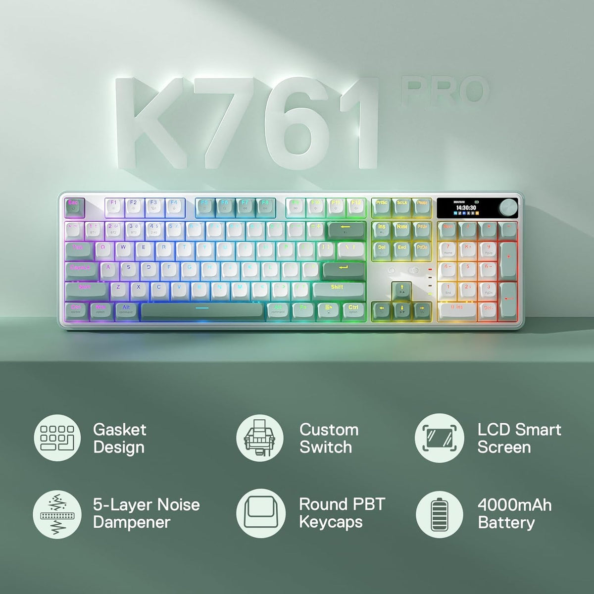 Redragon K761 PRO Wireless 104-Key Gasket Gaming Keyboard, Screen & Knob