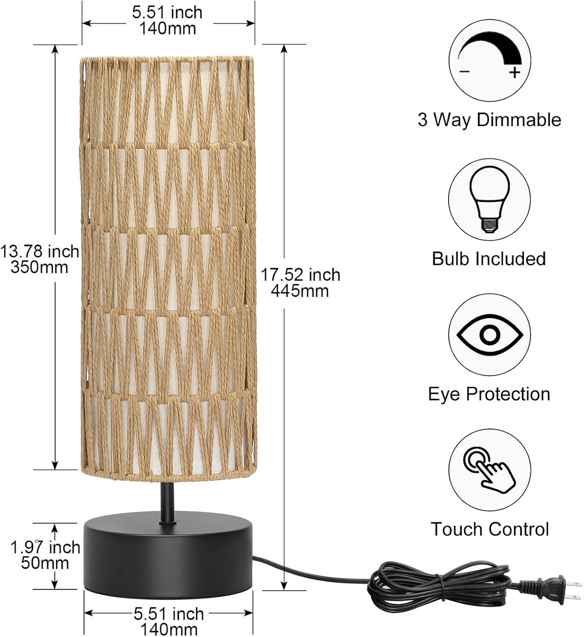 Rattan Table Lamp, Touch Control Bedside Table Lamp with Black Base, 3 Way Di...