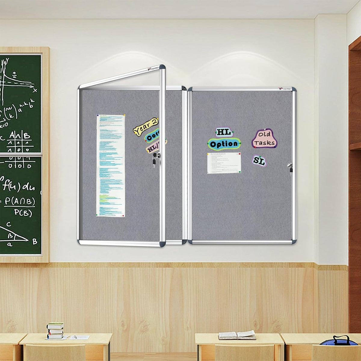 VIZ-PRO Tamperproof Lockable Gray Fabric Noticeboard Aluminium Framed 36x24 I...