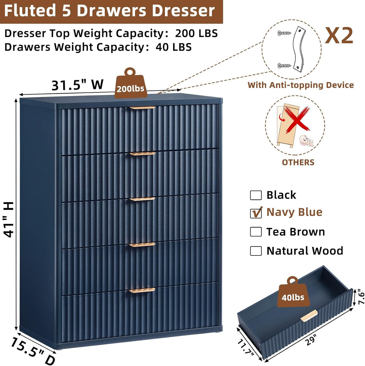 LEYAOYAO Fluted 5 Drawers Dresser for Bedroom, 41" Tall Modern Chest of ...