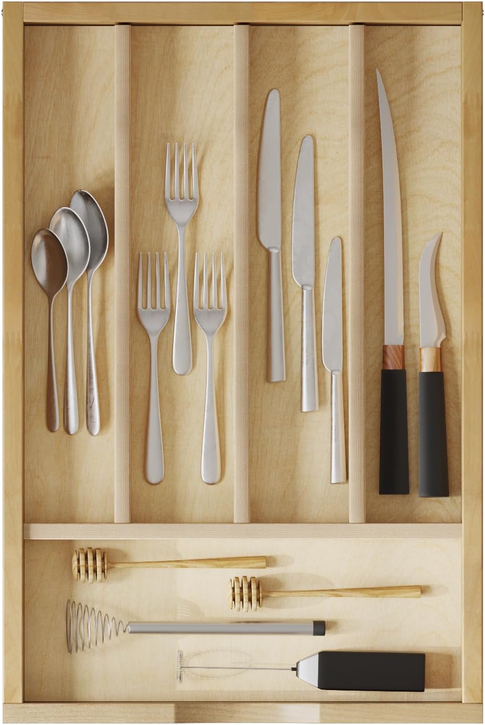 WelFurGeer Solid Birch Wood Silverware Drawer Organizer, Wooden Cutlery Drawe...