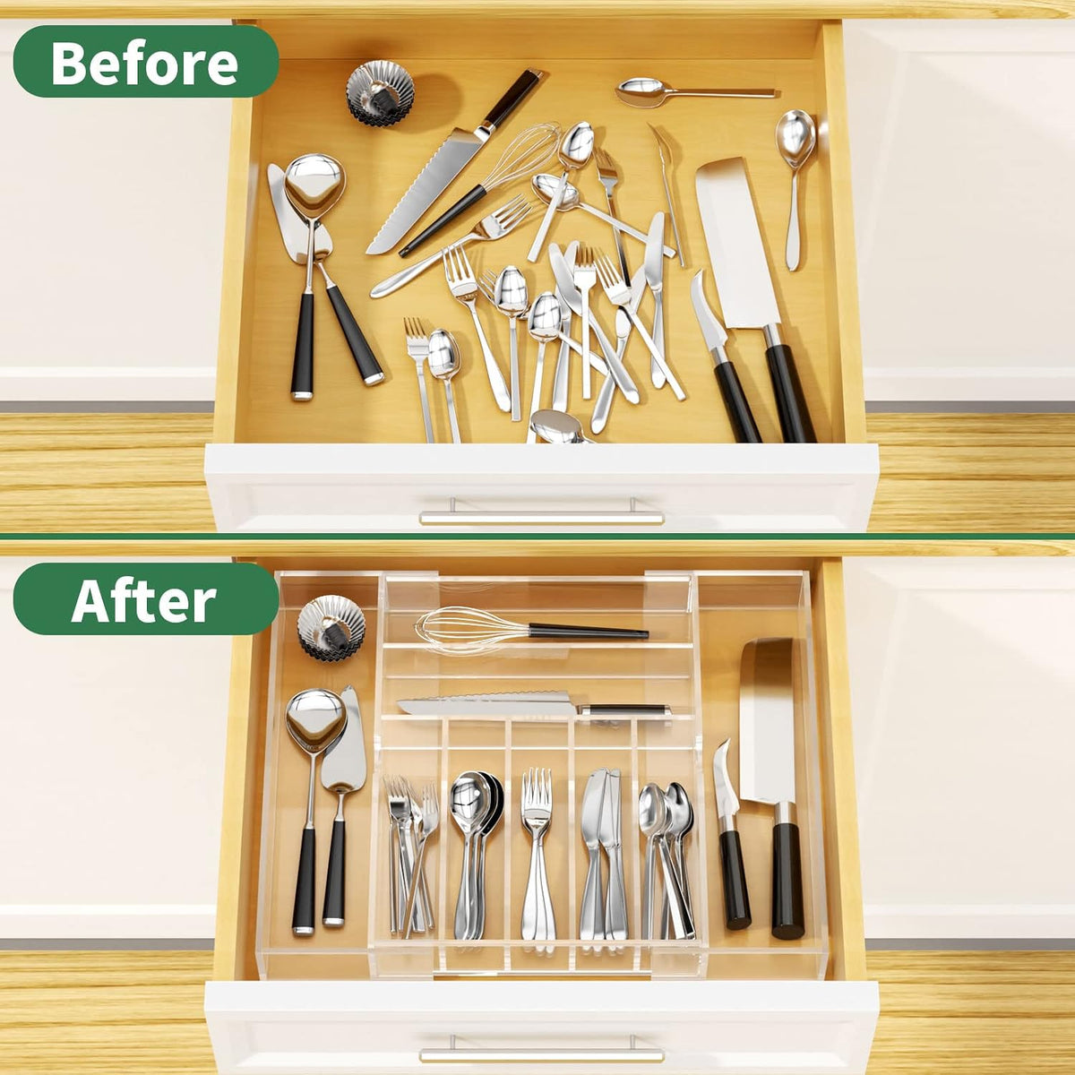 NIUBEE Acrylic Utensil Silverware Tray for Drawer, Clear Cutlery Organizer