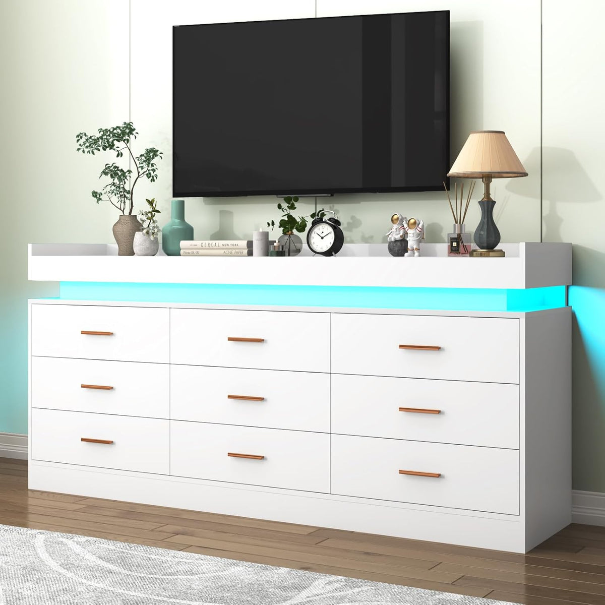 Hlivelood 9 Drawer Dresser with LED Light and Charging Station, Modern Chest ...