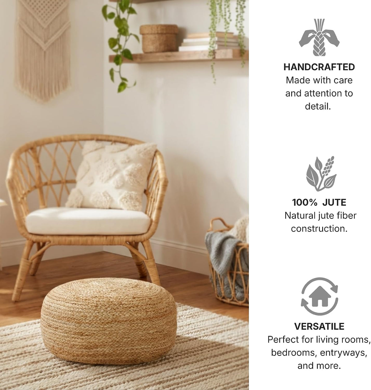 · REDEARTH · Jute Circular Low Pouf Ottoman - Boho Foot Stool - Natural
