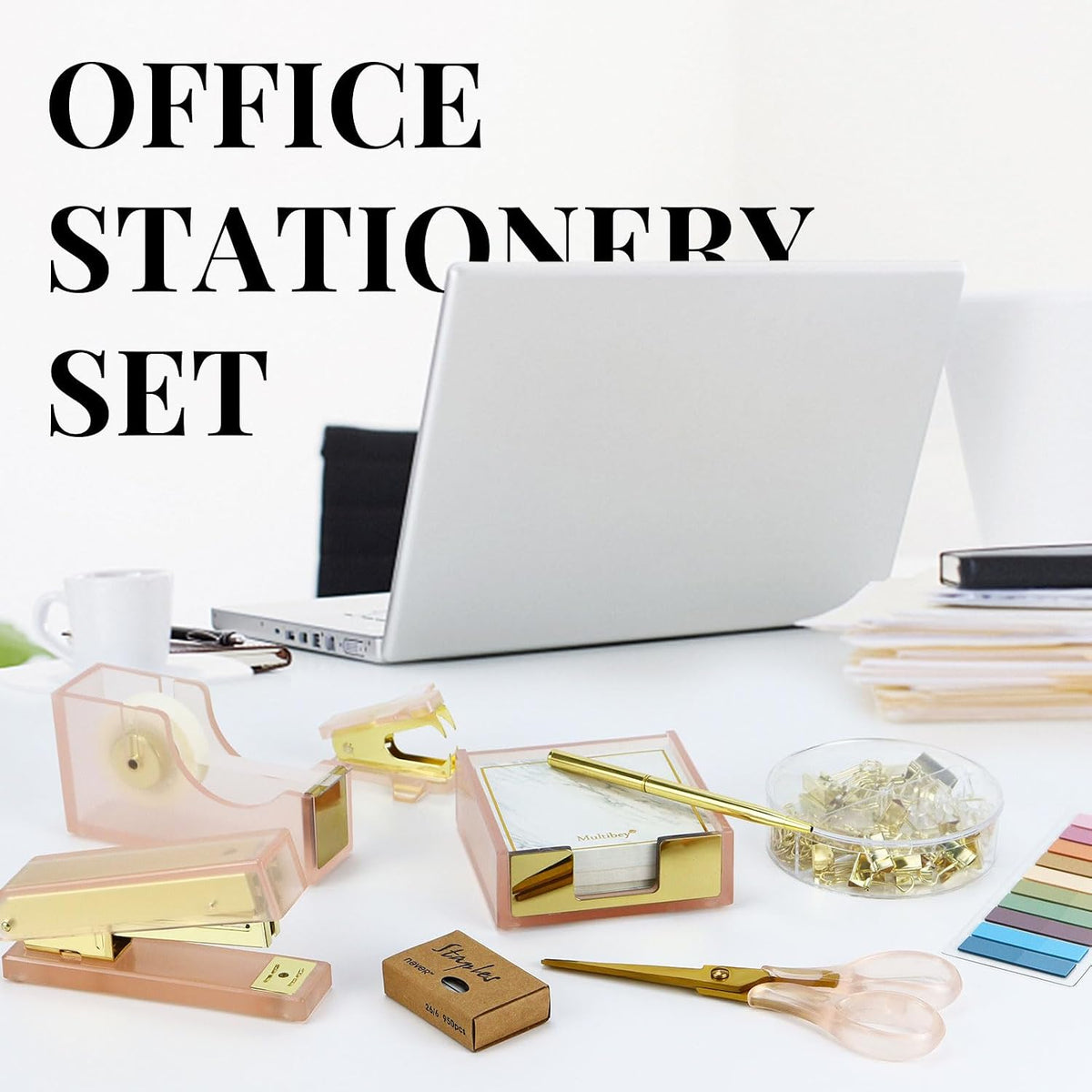 MultiBey Pink Gold Acrylic Sticky Notes Holder Stapler and Tape Dispenser Cut...